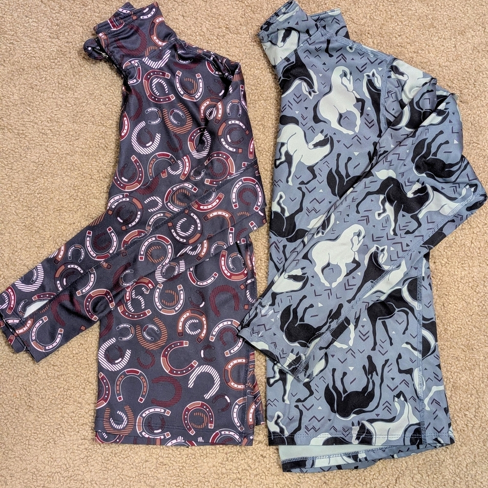 Western Horses & Horseshoe Print Long Sleeve Tops - Gray, Black, Burgundy